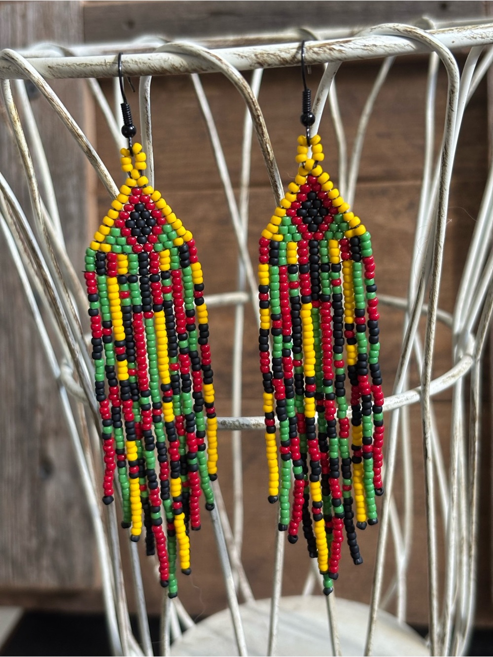 Beaded Long Dangle Fringe Earrings Rasta-Inspired Red Yellow Green Reggae NEW